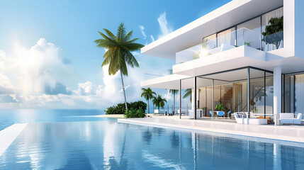 Arafed view of a modern house with a pool and lounge area  Presentation  3D Model  Property Visualization 
