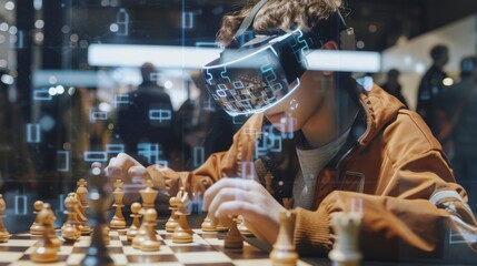 Young Player Engages in Augmented Reality Chess at Tech Expo