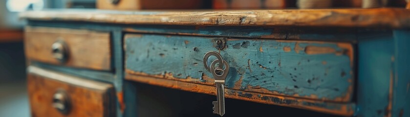 A desk drawer locked tight with a key hanging just out of reach, symbolizing the feeling of being stuck or restricted in one s job role or tasks