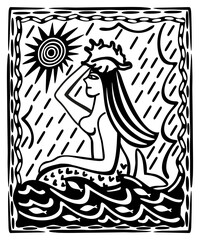 Fototapeta premium Mermaid holding seashell above her head in waves. Brazilian northeast cordel style. Woodcut illustration