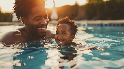 heartwarming moment of african american father teaching toddler son to swim splashing in pool fathers day concept
