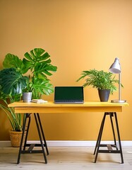 Elegant Home Office Setup by Empty Wall with Plants