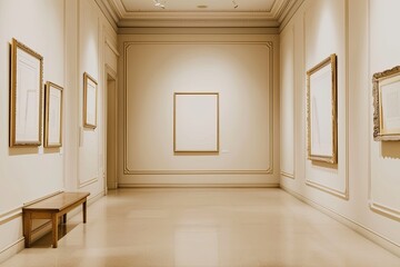 Amidst the tranquility of a minimalist gallery, empty frames are arranged on cream-colored walls, each frame 