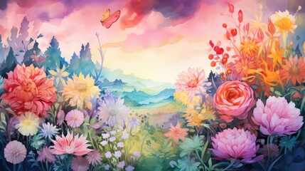 Surreal watercolor artwork featuring a fantasy garden filled with whimsical flowers in vibrant rainbow colors