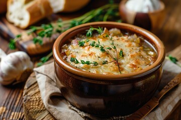 Delectable French Onion Soup in Ceramic Bowl Topped with Melted Cheese and Fresh Herbs