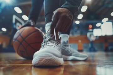 Close-Up of Basketball Player Lacing High-Top Shoes in Gym