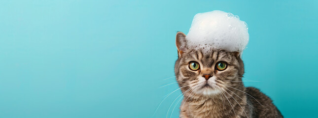 cute cat with soap foam on its head, looking at the camera isolated over a pastel blue background. banner template for a pet care service advertising or branding 
