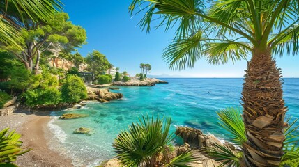 idyllic mediterranean tropical beach with turquoise water and palm trees vacation paradise