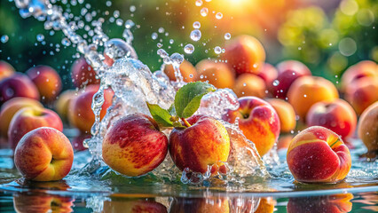 Fototapeta premium A cluster of ripe peaches plunging into a pool, sending droplets sparkling in the sunlight