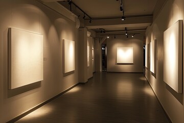 Describe the ambiance of the art gallery before opening night, with soft lights illuminating blank walls and white empty posters.