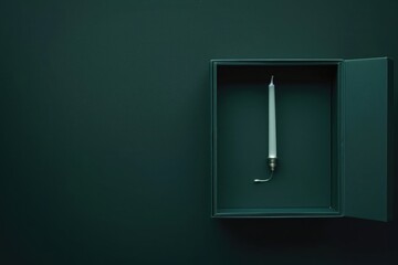 Minimalist green box with open door, inside there is an empty white candlestick on the dark 