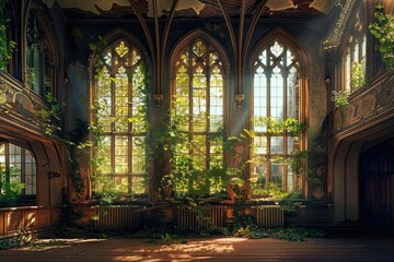 Inside an abandoned gothic castle, broken windows with ivy and plants growing through them, warm light coming in through the windows, ornate wall art