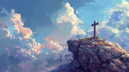 inspirational cross stands atop rock formation symbolizing faith hope and resilience amidst lifes challenges digital painting