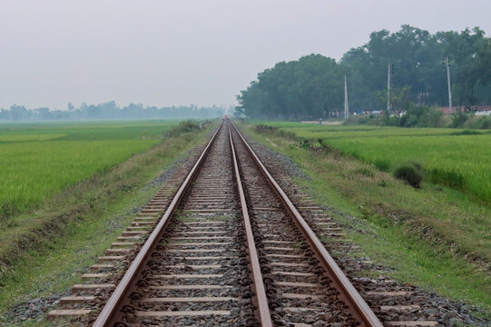 Dual gauge railway through the countryside in Bangladesh 