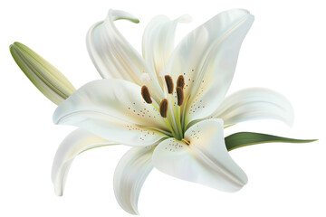 Obraz premium A white lily in full bloom with its petals unfurling, isolated on a white background
