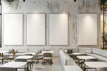 Envision an art gallery with white empty frames against modern walls, offering a cozy seating area for customers.