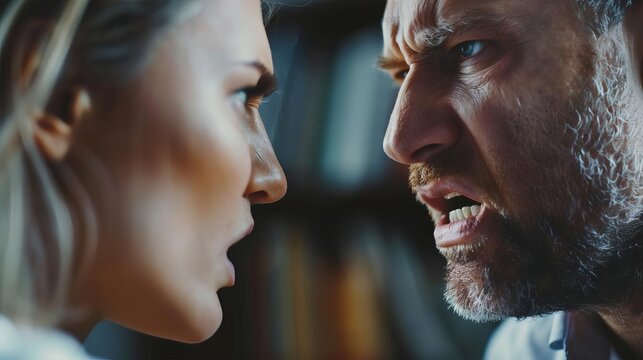 intense emotional confrontation between arguers dramatic verbal dispute closeup
