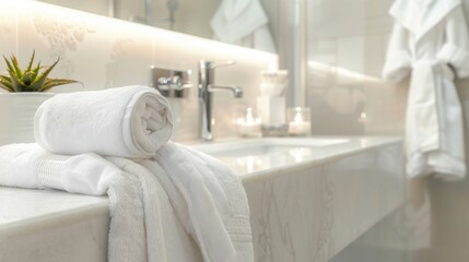 A white towel neatly placed on a counter in a bathroom, ready for use after washing up.