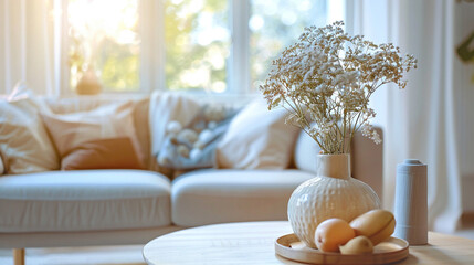 A serene living room setup with a sofa and table prominently displayed  blurred elements in the background enhance focus