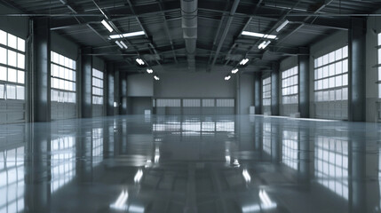 Modern warehouse featuring a large spotless area with a shiny reflective floor creating a bright and airy atmosphere