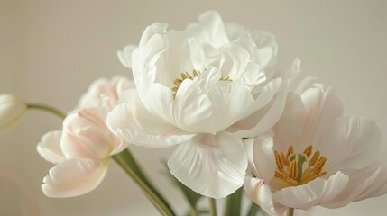 isolated white peony flower and delicate tulip blossoms on plain background floral arrangement