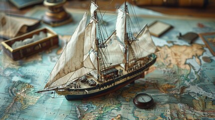 A large framed map of the world with a ship on it