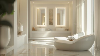 An elegantly designed modern bathroom featuring a double vanity with backlit mirrors, a sleek lounge chair, and natural light streaming in through large windows.