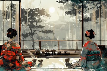 Two Japanese women in kimono are drinking tea in a traditional tea room, looking out at a beautiful garden.
