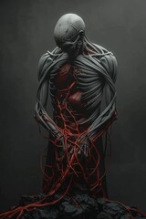 A dark, muscular figure stands in the center of the image. Its skin is pale and its muscles are exposed, showing its internal organs. The figure's eyes are closed and its head is bowed, as if in pain.