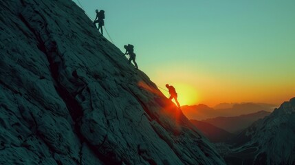 group of people with helmets and harnesses climbing a mountain on a cloudy dawn in high resolution and high quality. concept landscapes,climb,group,people