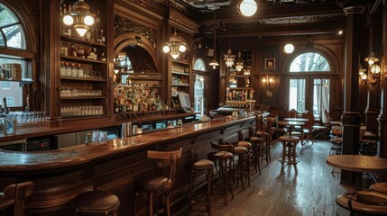 A local bar with wooden furniture and a well-stocked bar area, shown in a wide shot capturing the ambiance