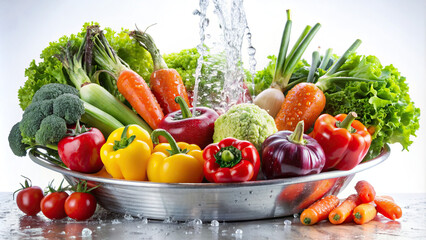 Fresh vegetables arranged neatly and being gently rinsed with water, creating a serene and refreshing scene against a white background