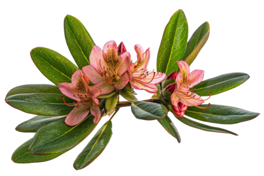 A delicate pink rhododendron flower in full bloom, isolated on a white background