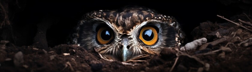 A close up of an owl with big round yellow eyes staring at the camera in the dark - Powered by Adobe