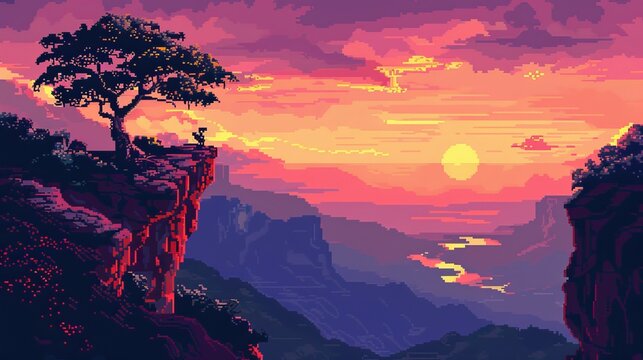 A pixel art landscape featuring a sunset over a mountainous terrain, combining retro charm with modern appeal