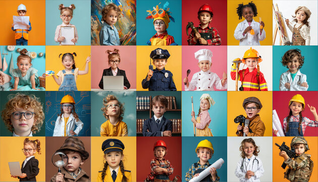 Collage of different Cute children dreaming about their future professions on color background