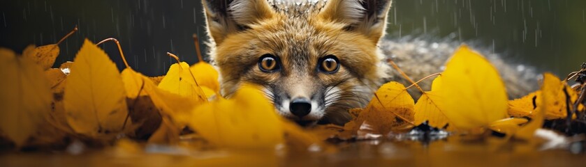 Fototapeta premium A red fox peeks out from behind a pile of fallen yellow leaves in the forest. 