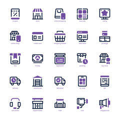Shopping and Store icon pack for your website, mobile, presentation, and logo design. Shopping and Store icon dual tone design. Vector graphics illustration and editable stroke.