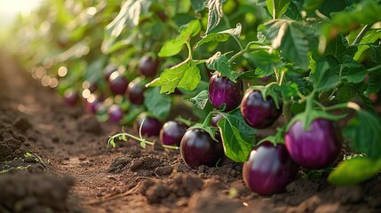 A field of vibrant purple eggplants growing in a sunny garden.