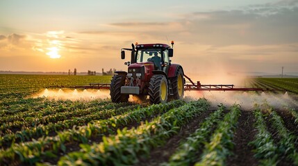 A tractor spraying water over a field of young crops.