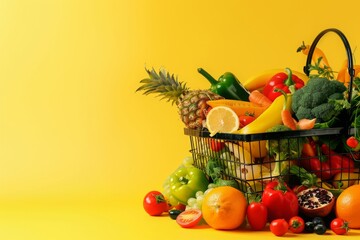 Shopping basket with fresh food on yellow background grocery supermarket for design banner, ads, covers, and invitation. Copy space. Generative AI 