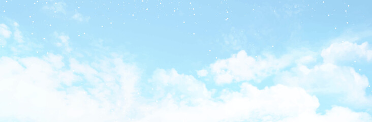 Angelic heaven clouds vector design background. Winter fairytale backdrop. Plane sky view with white stars. Watercolor frozen style texture. Delicate card. Elegant decoration. Fantasy pastel color