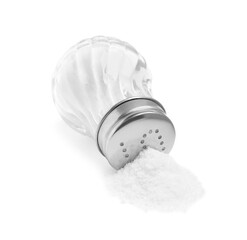 Natural salt and glass shaker isolated on white