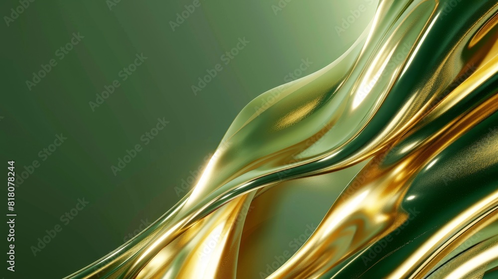 Poster a luxurious rendering of golden fluid-like forms with a harmonious green background, evoking richnes