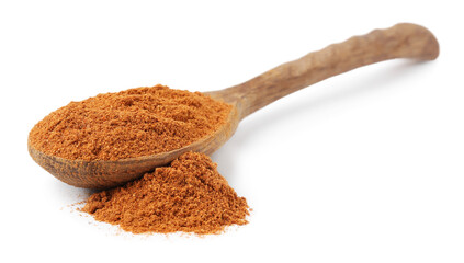 Aromatic spice. Ground red pepper in spoon isolated on white