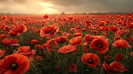 Obraz premium A field of vibrant red poppies swaying gently in the wind.