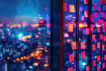 A nighttime view of a city shining with vibrant and colorful lights, showcasing the urban landscape in an illuminated setting