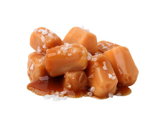 Yummy caramel candies and sea salt isolated on white