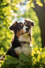 Cute Australian Shepherd dog in the woods.