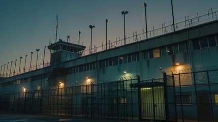 The facade of a prison with tall fences and security measures, taken in a wide shot at dusk